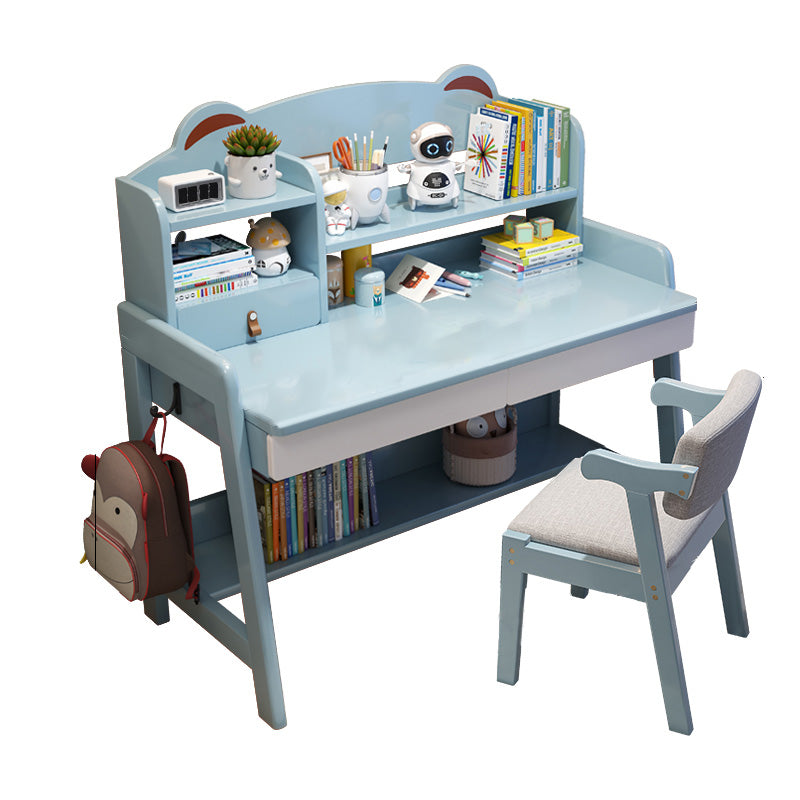 Adjustable Kids Desks and Chair Set with Hutch 2 Drawers Solid Wood Child Writing Desks