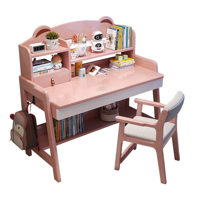 Adjustable Kids Desks and Chair Set with Hutch 2 Drawers Solid Wood Child Writing Desks