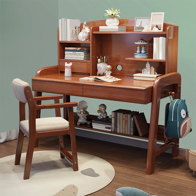 Solid Wood Writing Desk Kids Desks and Chair Set with Hutch Adjustable 2-Drawer Child Desk