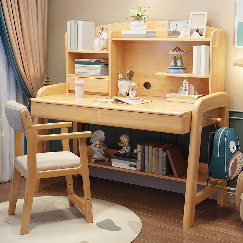 Solid Wood Writing Desk Kids Desks and Chair Set with Hutch Adjustable 2-Drawer Child Desk