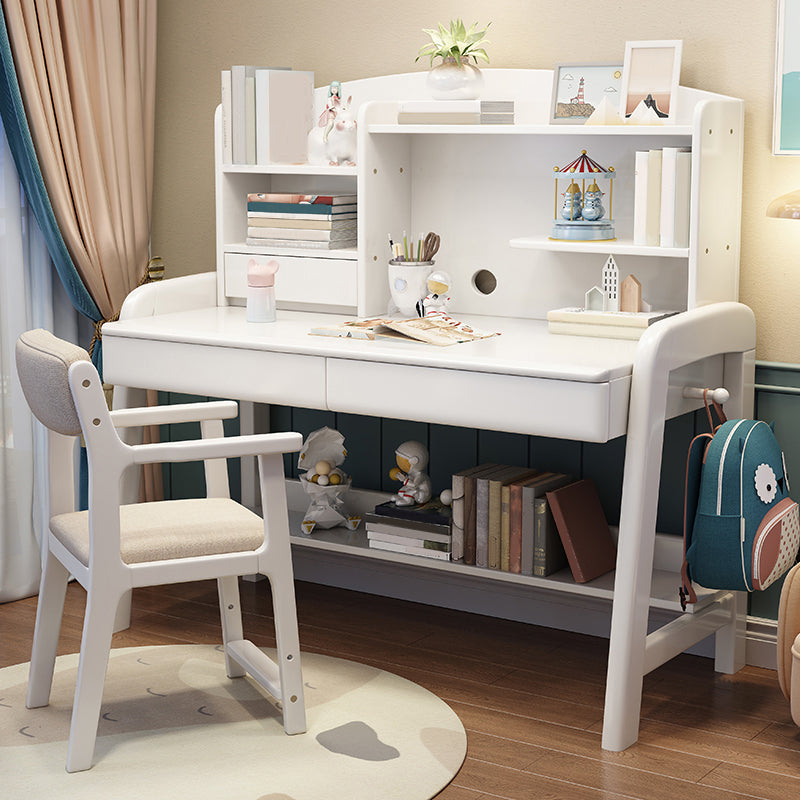 Solid Wood Writing Desk Kids Desks and Chair Set with Hutch Adjustable 2-Drawer Child Desk