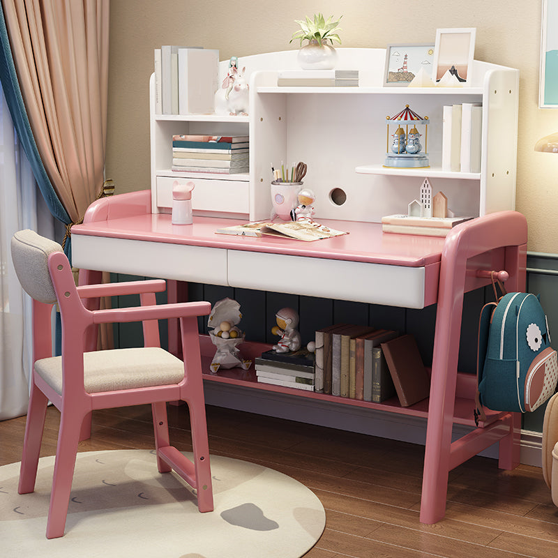 Solid Wood Writing Desk Kids Desks and Chair Set with Hutch Adjustable 2-Drawer Child Desk