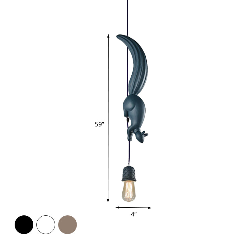 Kids Exposed Bulb Resin Drop Pendant Single Hanging Ceiling Light in White/Black/Brown with Squirrel Tracking Pinecone Design