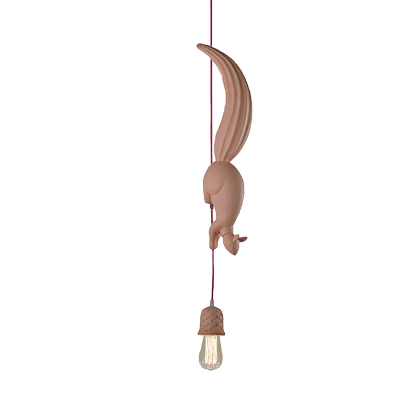 Kids Exposed Bulb Resin Drop Pendant Single Hanging Ceiling Light in White/Black/Brown with Squirrel Tracking Pinecone Design