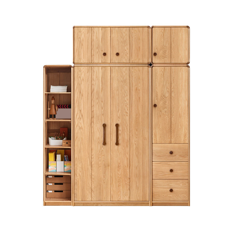 Light Wood Solid Wood with Drawer Shelved with Garment Rod Wardrobe Armoire