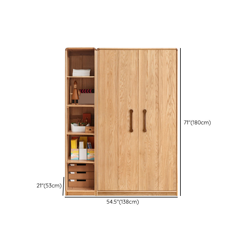 Light Wood Solid Wood with Drawer Shelved with Garment Rod Wardrobe Armoire