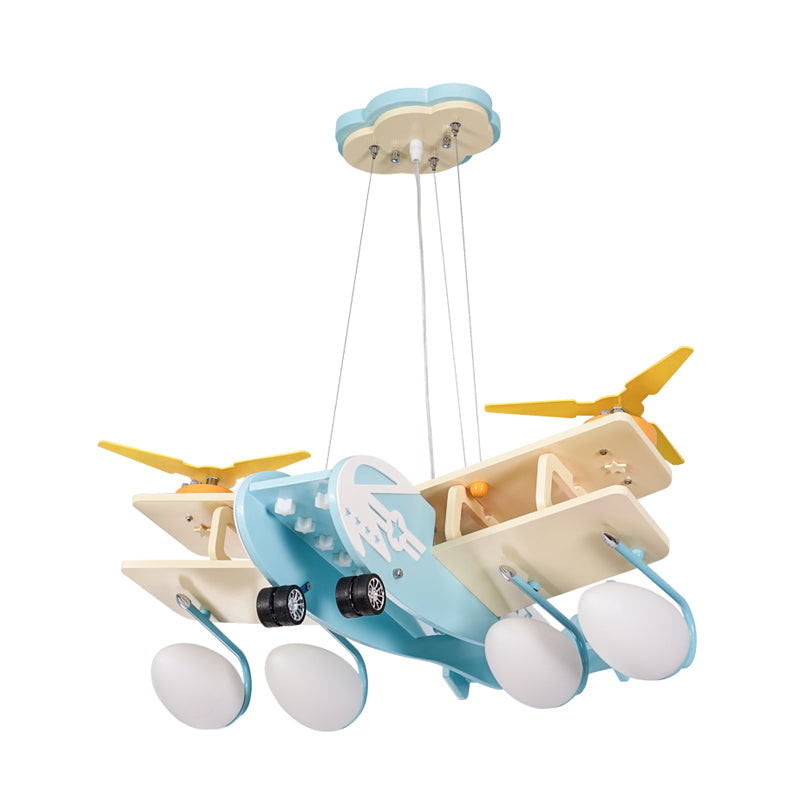 Kids Bomber Plane Wood Drop Lamp 4 Heads Chandelier Pendant Light in Light-Blue with Bomb White Glass Shade