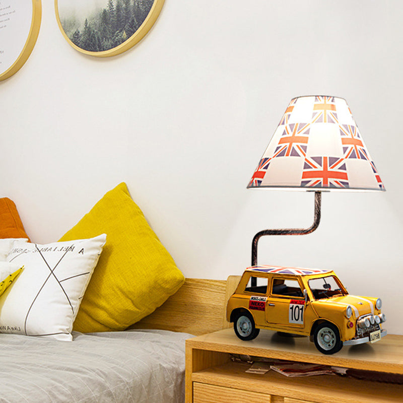 Kids Jeep Car Iron Nightstand Lamp 1 Head Table Light in Yellow/Blue with Cross Fabric Empire Shade