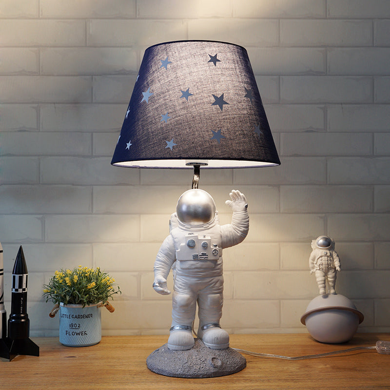 Blue Empire Shade Night Lamp Kids Single Star Patterned Fabric Table Lighting with Carved Spaceman Base, 10"/13" Wide