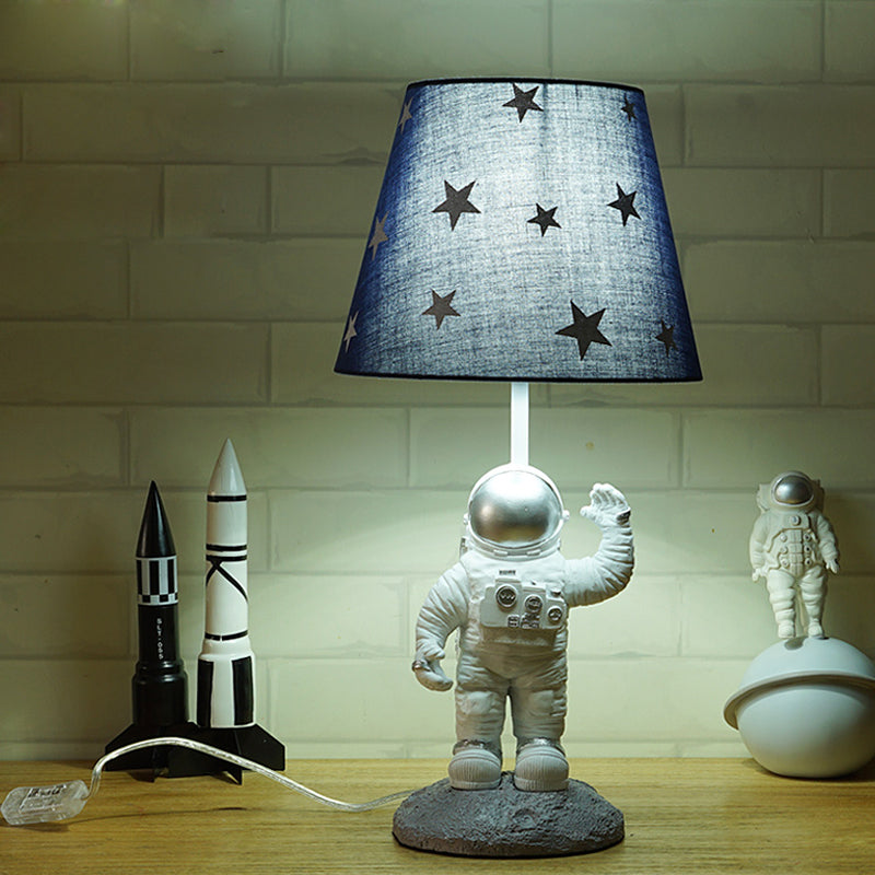 Blue Empire Shade Night Lamp Kids Single Star Patterned Fabric Table Lighting with Carved Spaceman Base, 10"/13" Wide