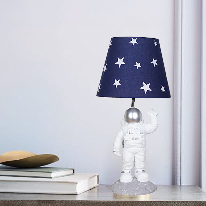 Blue Empire Shade Night Lamp Kids Single Star Patterned Fabric Table Lighting with Carved Spaceman Base, 10"/13" Wide