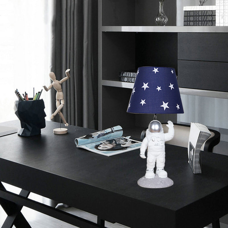 Blue Empire Shade Night Lamp Kids Single Star Patterned Fabric Table Lighting with Carved Spaceman Base, 10"/13" Wide