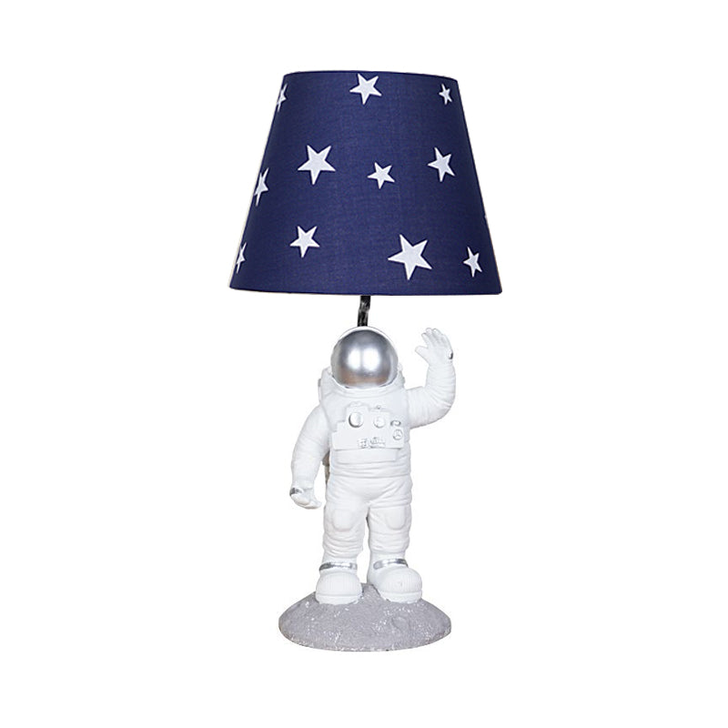 Blue Empire Shade Night Lamp Kids Single Star Patterned Fabric Table Lighting with Carved Spaceman Base, 10"/13" Wide