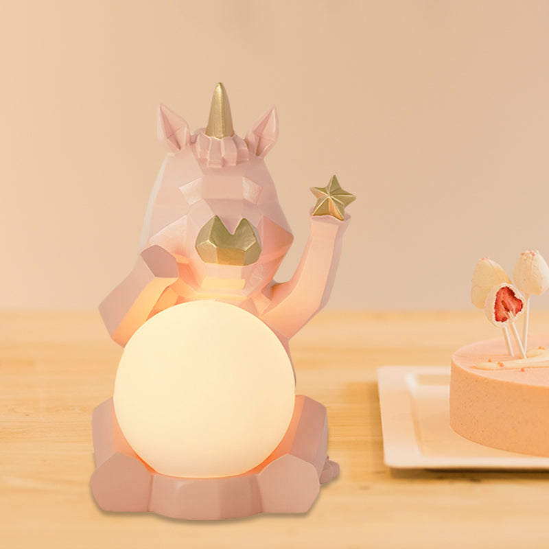 Cartoon Dog/Rabbit/Unicorn Night Light Resin LED Bedroom Table Lamp in Pink/Black/Grey with Globe Opal Glass Shade