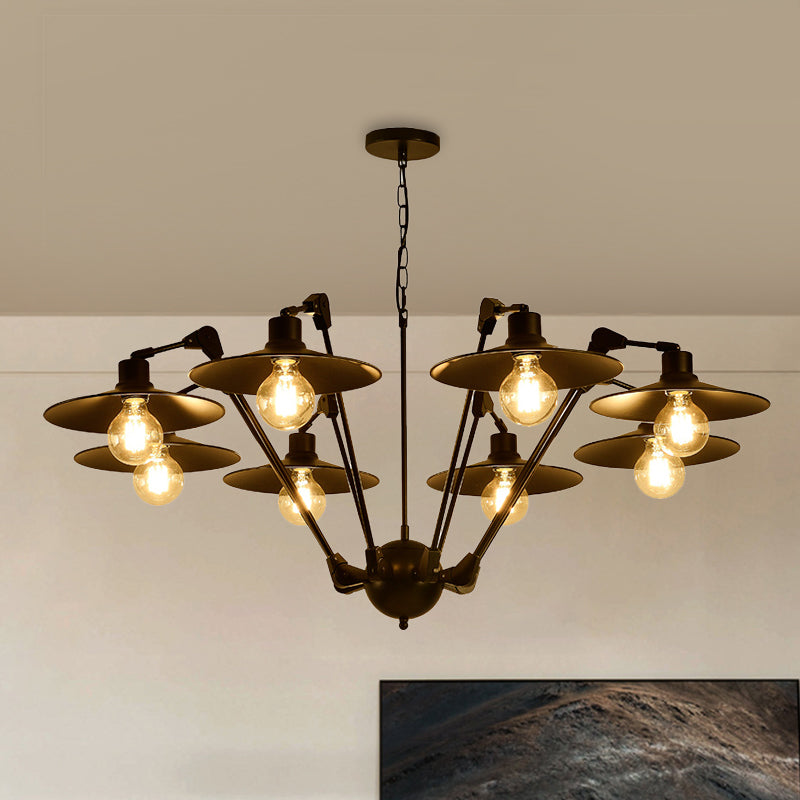 Antiqued Flat Chandelier Lighting 6/8 Bulbs Metal Rotatable Ceiling Pendant Lamp in Black