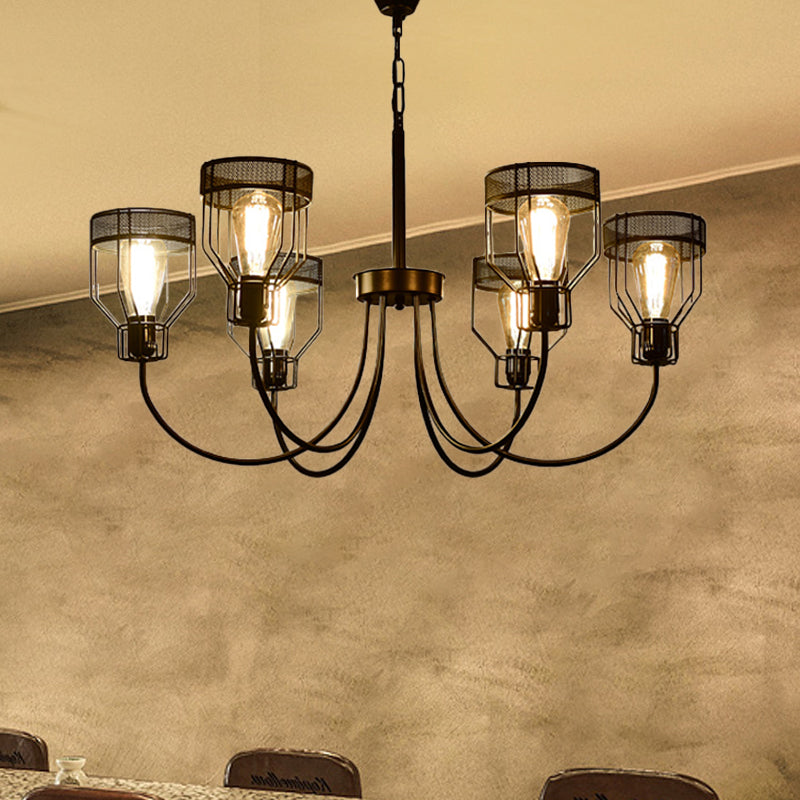 Iron Black Pendant Chandelier Caged 6/8/12 Heads Farmhouse Suspension Lamp with Curved Arm