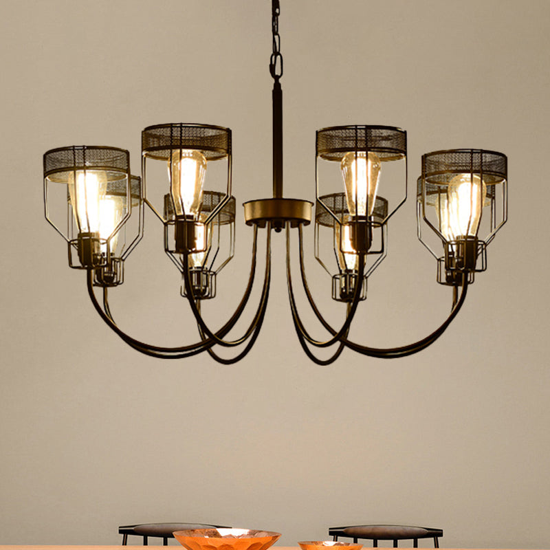 Iron Black Pendant Chandelier Caged 6/8/12 Heads Farmhouse Suspension Lamp with Curved Arm