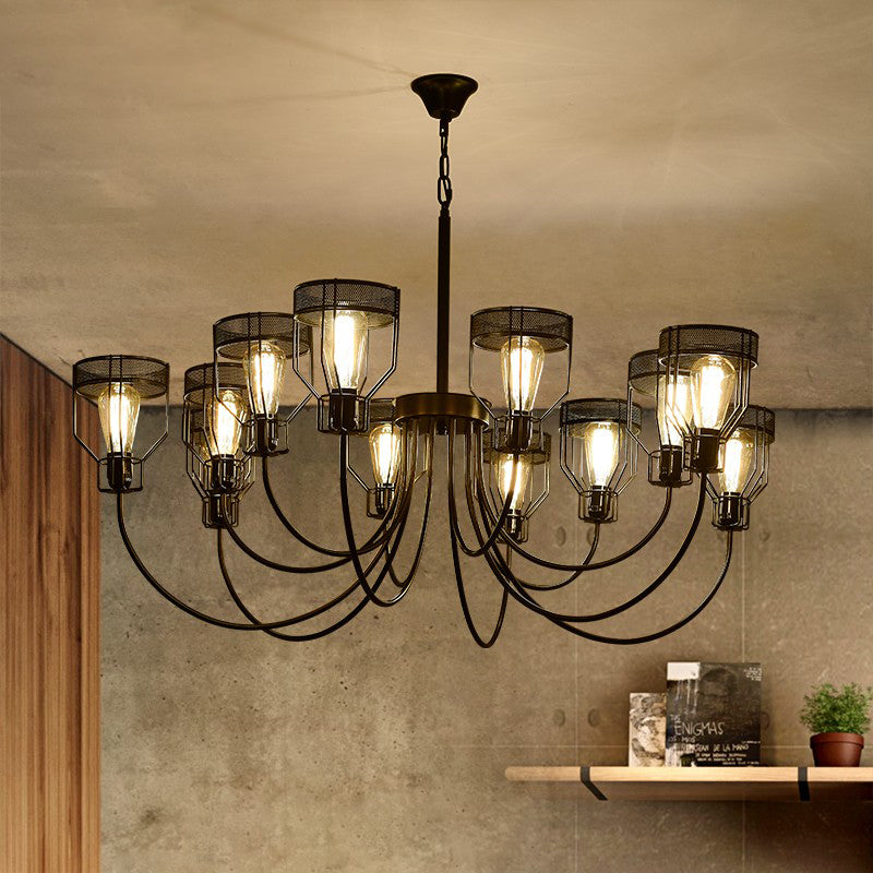 Iron Black Pendant Chandelier Caged 6/8/12 Heads Farmhouse Suspension Lamp with Curved Arm