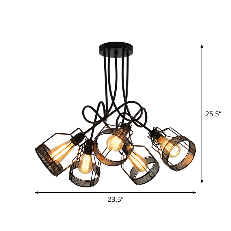 5 Lichter Drahtkäfig hängend Kronleuchter Vintage Schwarzes Metall -Deckenleuchte mit Wirbelstange