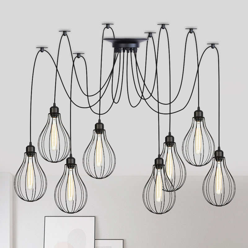 Eisenbirnen Cage Multiple Hanging Light Vintage 2/3/6-Licht Kaffeehaus Swag-Pendel-Lampe in Schwarz