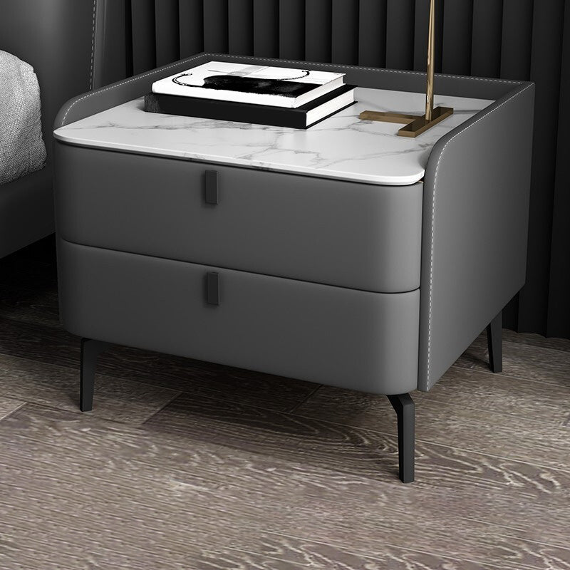 Modern Bedside Cabinet Stone Accent Nightstand with 2 Drawers