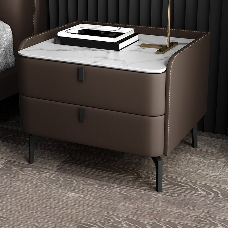 Modern Bedside Cabinet Stone Accent Nightstand with 2 Drawers