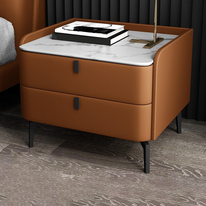 Modern Bedside Cabinet Stone Accent Nightstand with 2 Drawers