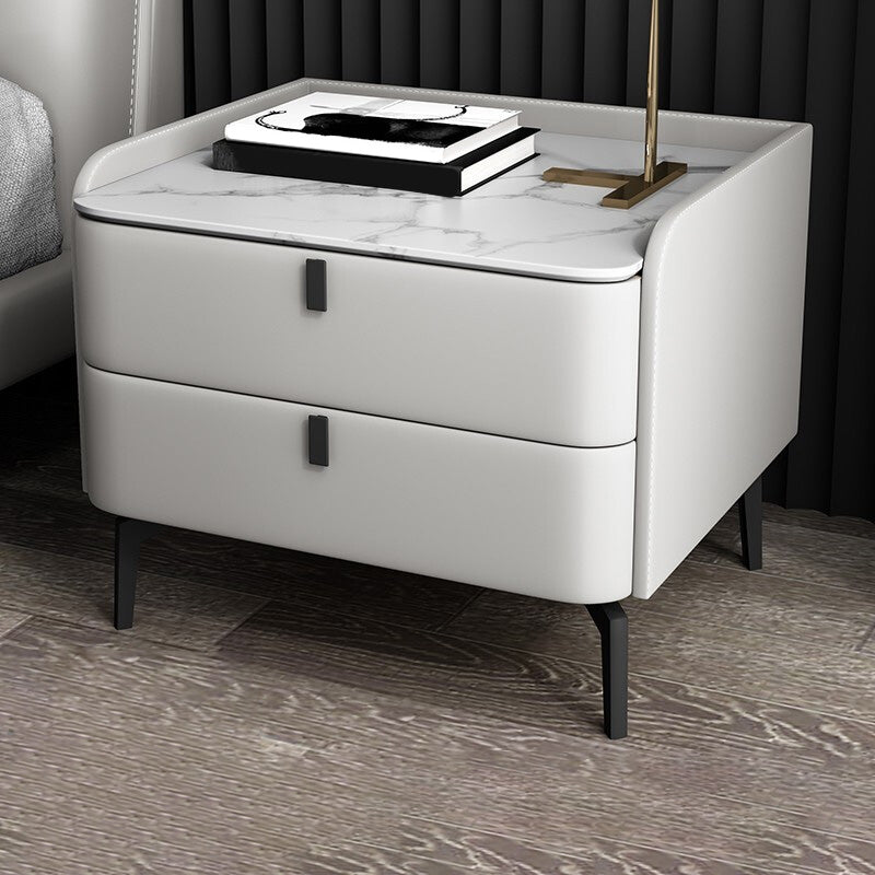 Modern Bedside Cabinet Stone Accent Nightstand with 2 Drawers