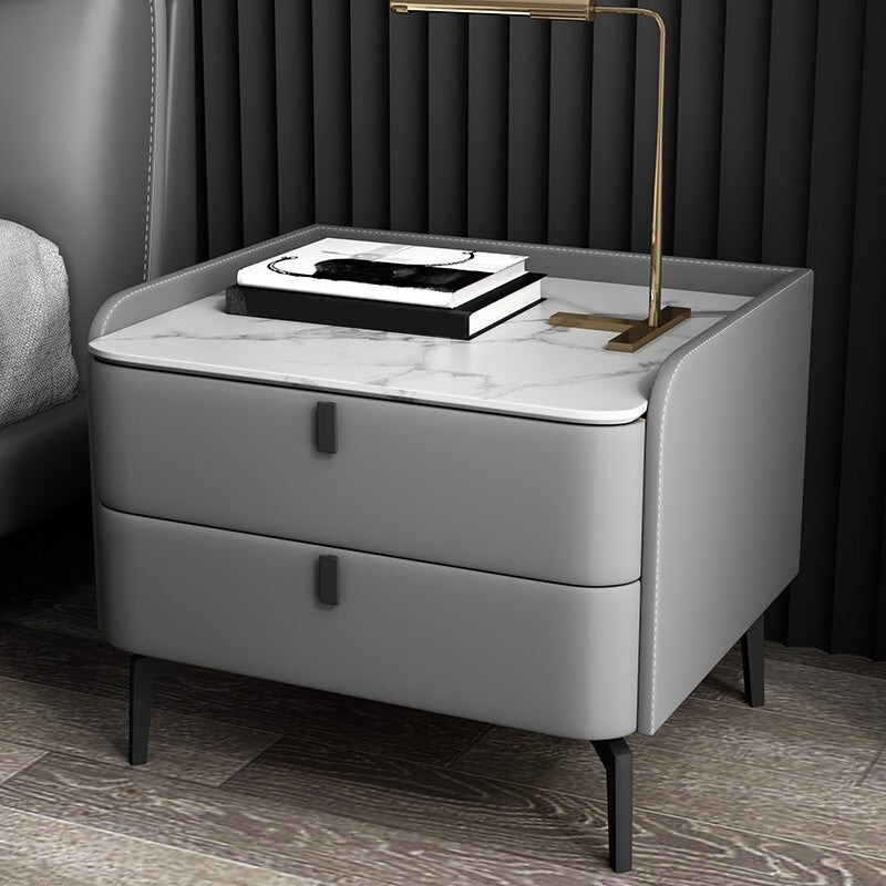 Modern Bedside Cabinet Stone Accent Nightstand with 2 Drawers