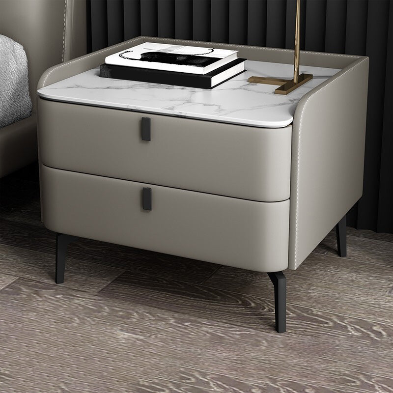 Modern Bedside Cabinet Stone Accent Nightstand with 2 Drawers