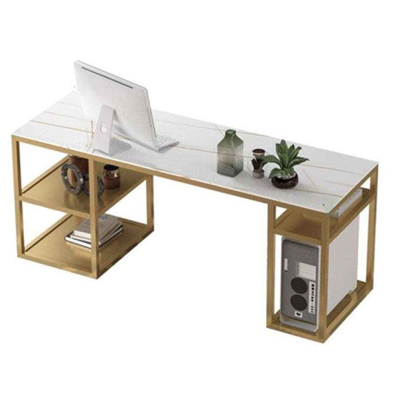 Glam Style Stone Writing Desk Metal Office Desk with Storage Shelves