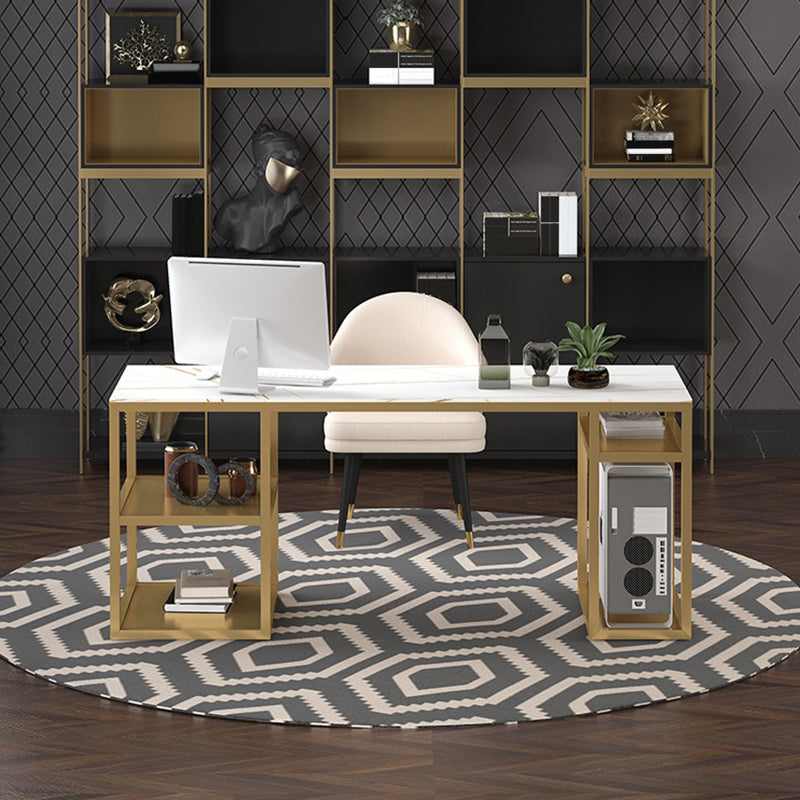 Glam Style Stone Writing Desk Metal Office Desk with Storage Shelves