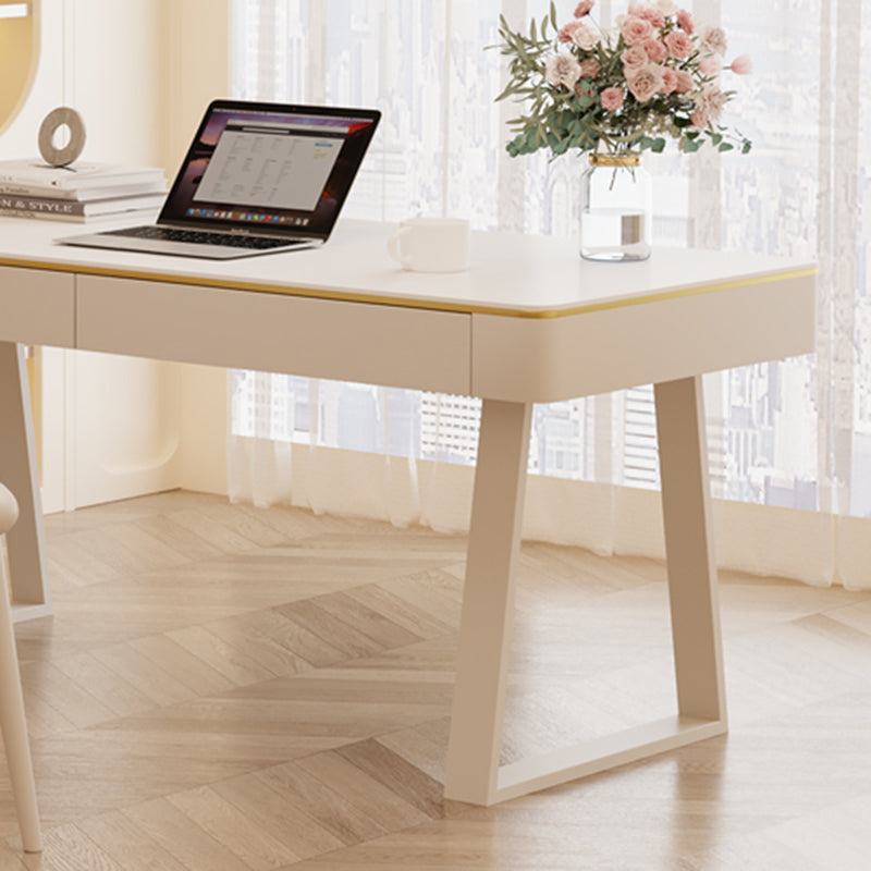 Glam Style Stone Writing Desk Metal Sled Office Desk for Home