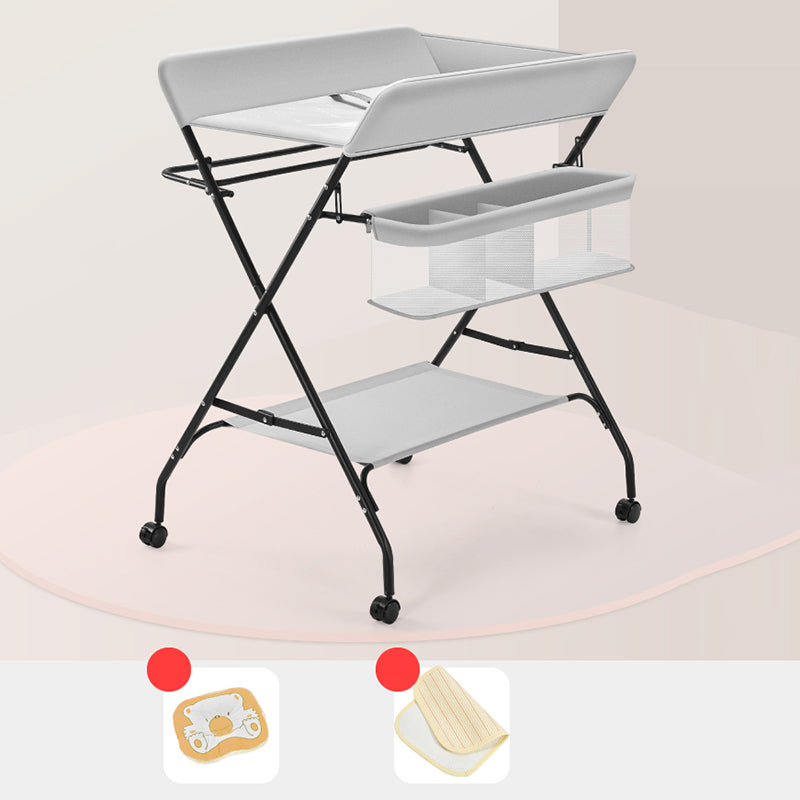 Flat Top Baby Changing Table Modern Style in Metal Frame with Storage Basket