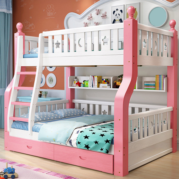 Nordic Solid Wood Standard Bunk Bed in White and Pink with Storage