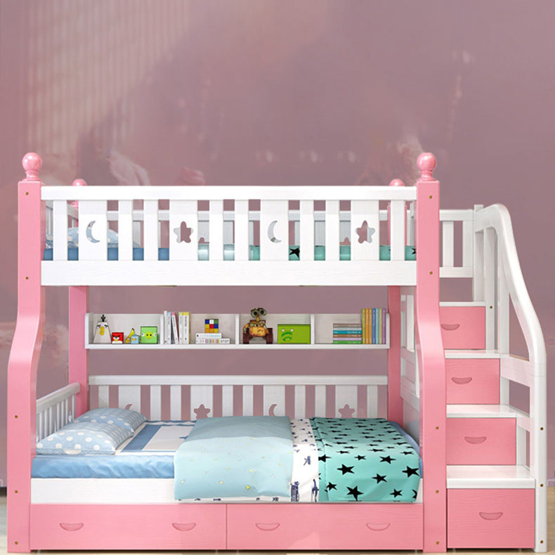 Nordic Solid Wood Standard Bunk Bed in White and Pink with Storage