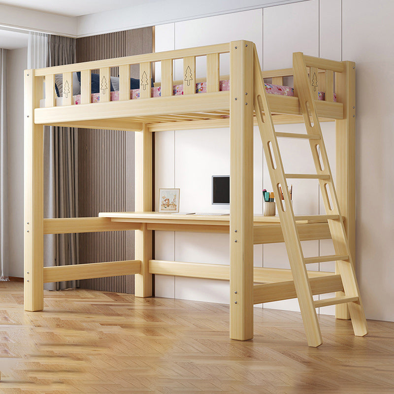 Contemporary Loft Bed Natural Solid Wood Kids Bed with Guardrail