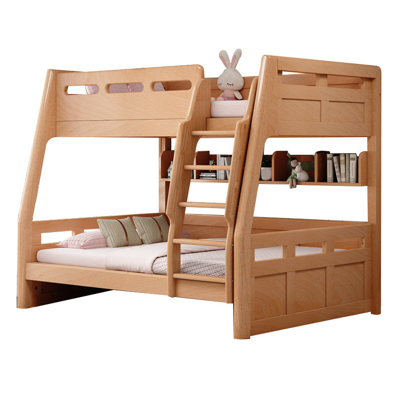 Natural Solid Wood Kids Bed Natural Bunk Bed with Guardrail and Mattress