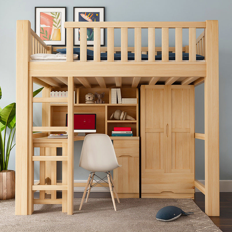 Natural Wood Loft Bed Contemporary Kids Bed with Guardrails and Mattress