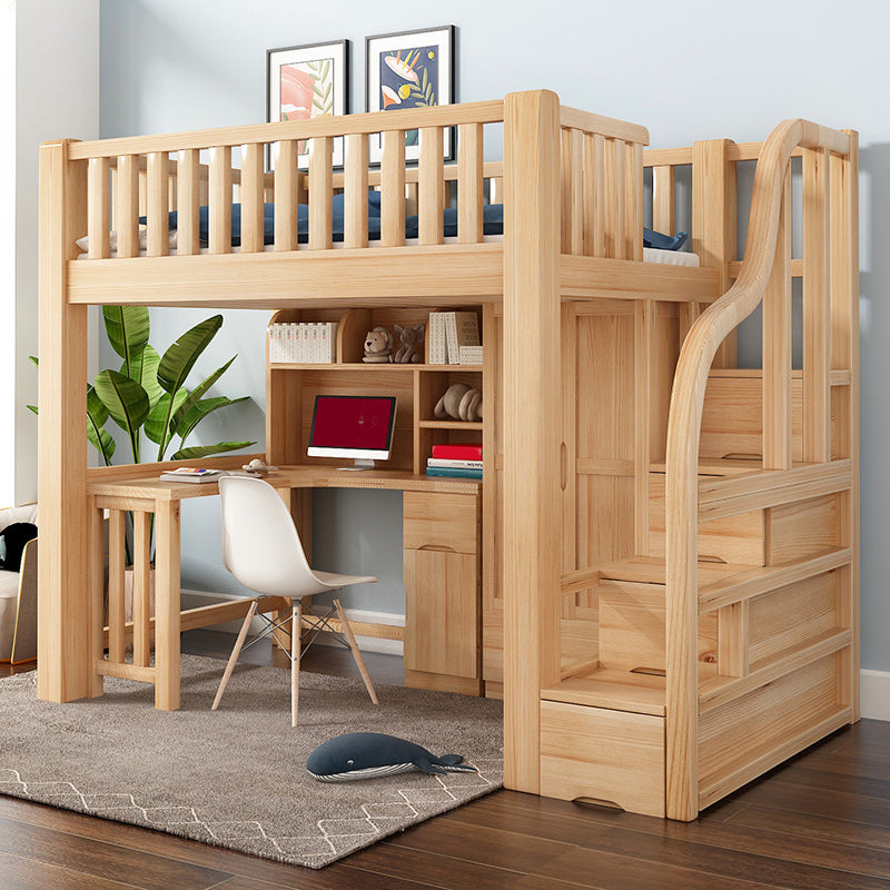 Natural Wood Loft Bed Contemporary Kids Bed with Guardrails and Mattress