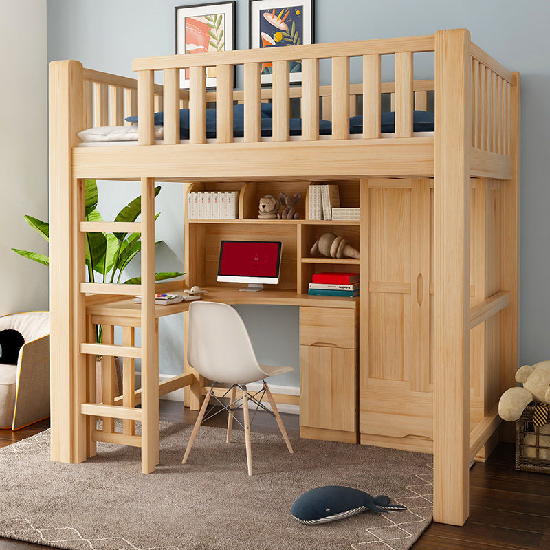 Natural Wood Loft Bed Contemporary Kids Bed with Guardrails and Mattress