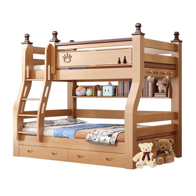 Solid Wood Kids Bed Natural Bunk Bed with Guardrail and Mattress