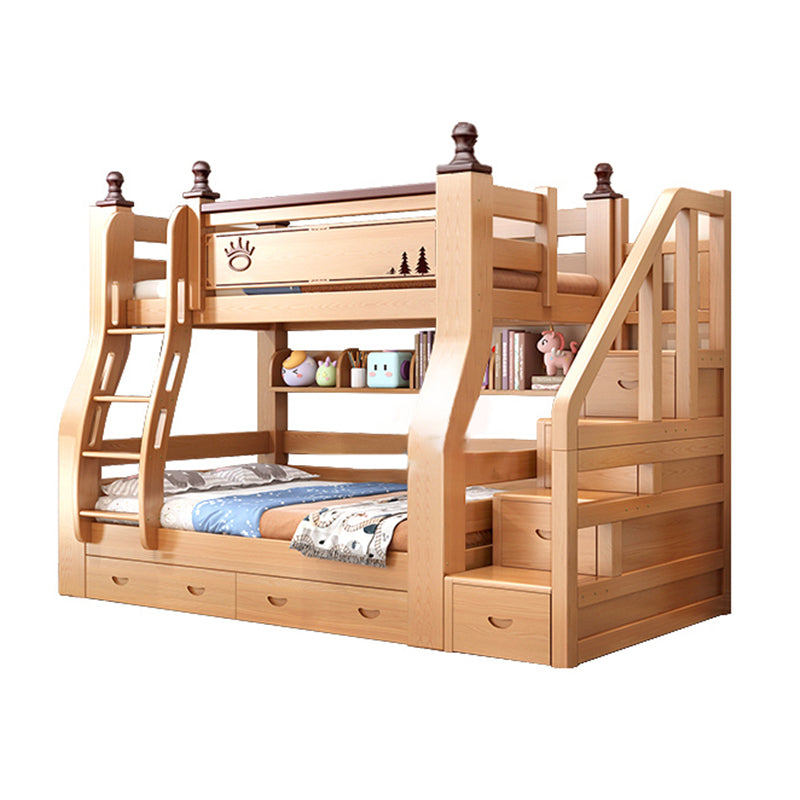 Solid Wood Kids Bed Natural Bunk Bed with Guardrail and Mattress