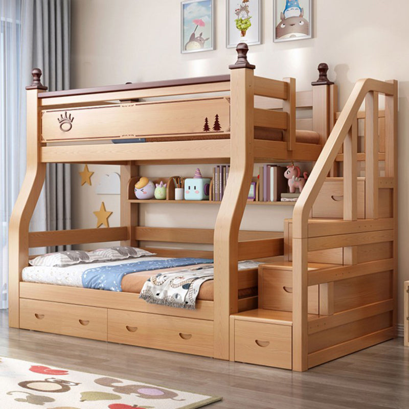 Solid Wood Kids Bed Natural Bunk Bed with Guardrail and Mattress