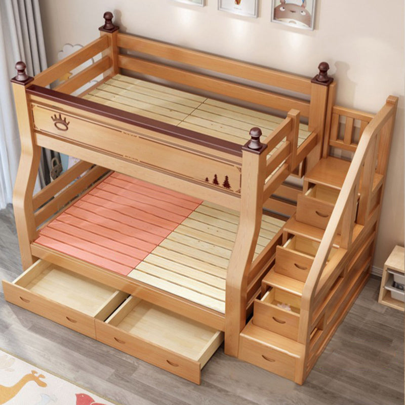 Solid Wood Kids Bed Natural Bunk Bed with Guardrail and Mattress