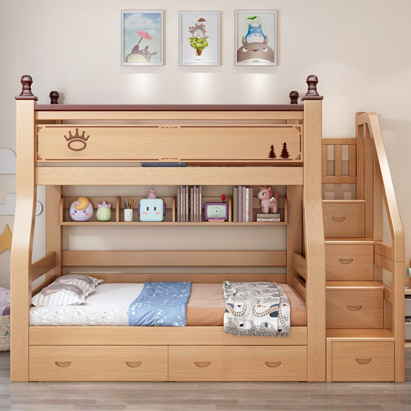 Solid Wood Kids Bed Natural Bunk Bed with Guardrail and Mattress