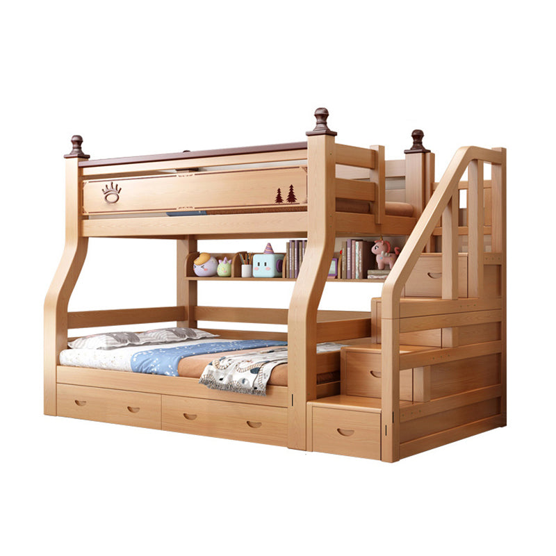 Solid Wood Kids Bed Natural Bunk Bed with Guardrail and Mattress