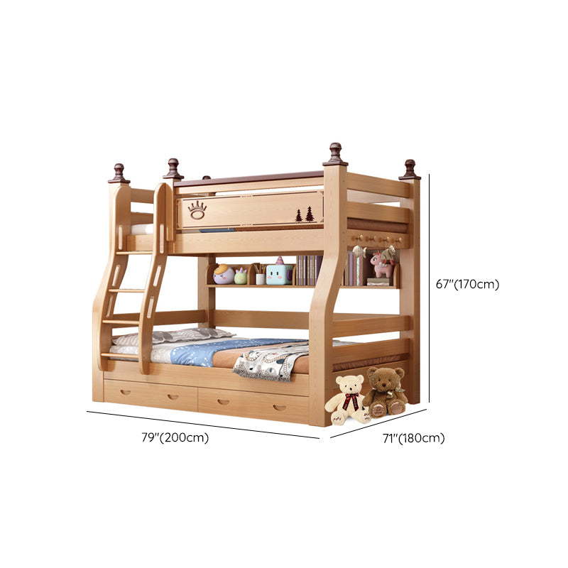 Solid Wood Kids Bed Natural Bunk Bed with Guardrail and Mattress