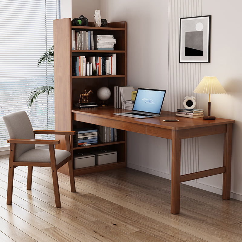 Solid Wood Pedestal Base Writing Desk Home Computer Desk with Bookshelf