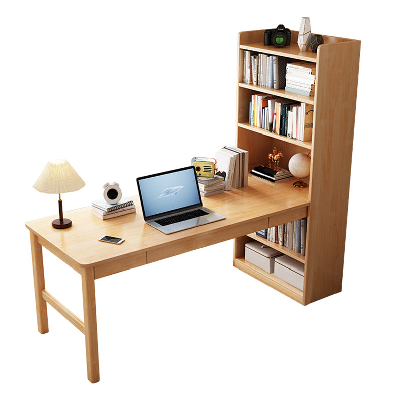 Solid Wood Pedestal Base Writing Desk Home Computer Desk with Bookshelf